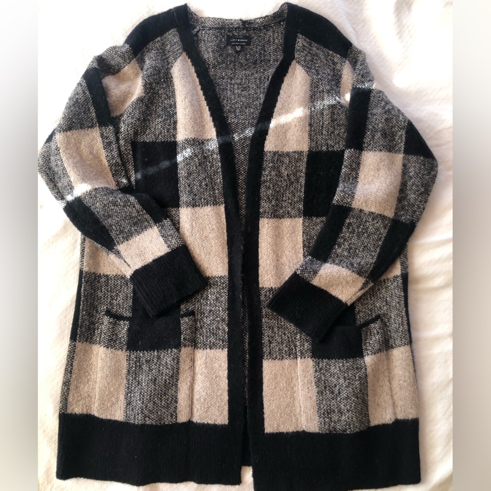 Long checkered/plaid print cardigan sweater